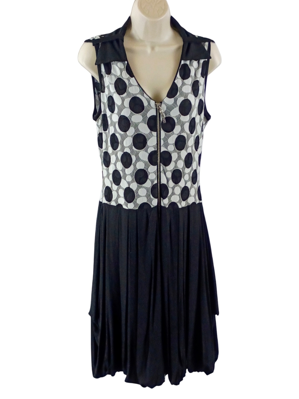 Sleeveless Black & White Polka Dot Midi Dress with Front Zip And Bubble Hem